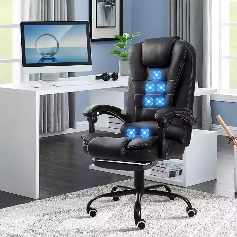Oceans Massage Bureaustoel 7 massage punten Kunstleer Voetensteun Kantoorstoel Zwart Massage 7 Standen Ergonomisch Bureau Massage