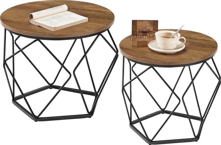 O'DADDY Bijzettafel Set met Afneembaar Tafelblad Bijzettafeltje rond Geometrisch Design Banktafel Industrieel Salontafel Bijzet tafel Laptoptafel Kleine Koffietafel Vintage Bruin Zwart