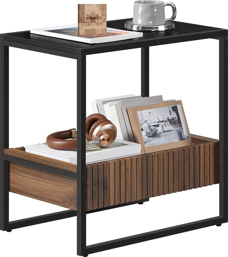 O'DADDY Bijzettafel Vierkant Tafeltje Met Verstelbare Lade Bijzet Tafel Koffietafel Nachtkastje 55x35x55 cm Zwart Metaal Bruin Hout