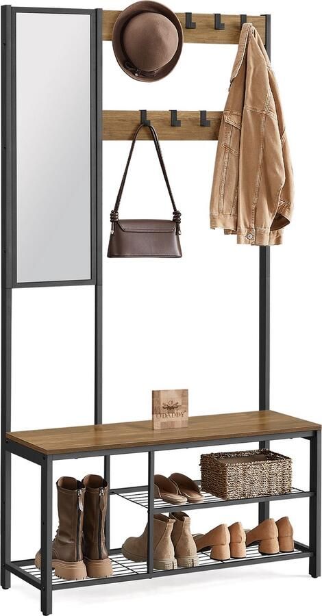 O'DADDY Garderoberek Met Spiegel Kapstok Schoenrek Kapstok staand Vintage Look Zwart en Bruin Schoenenrek kapstokken