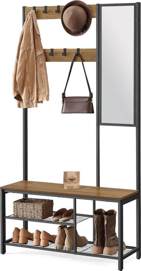 O'DADDY Garderoberek Met Spiegel Kapstok Schoenrek Kapstok staand Vintage Look Zwart en Bruin Schoenenrek kapstokken - Foto 2