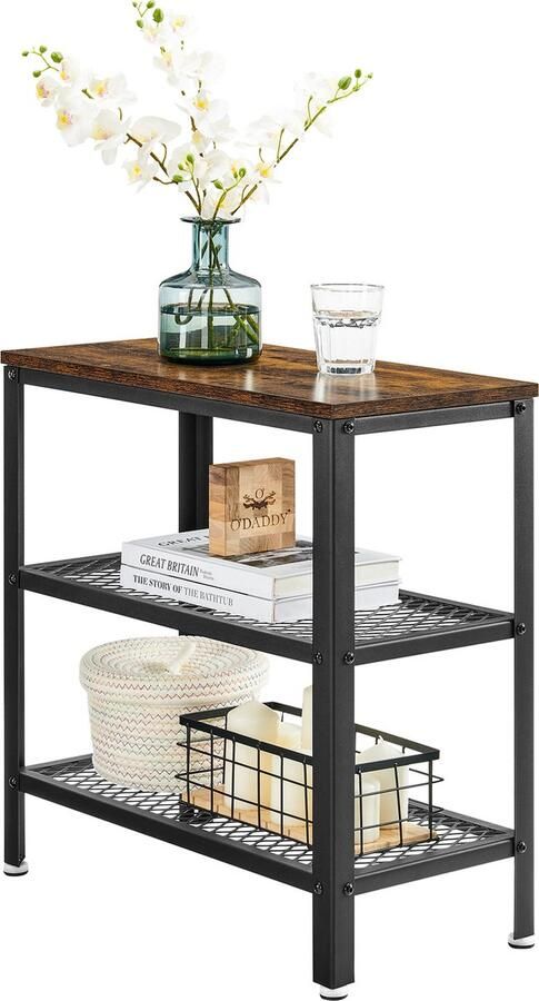 O'DADDY Industriële Wandtafel Haltafel Sidetable Industrieel Bijzettafeltje met 2 Gaasplanken Banktafel Salontafel Kleine Tafel Koffietafel Consoletafel Dressoir Rustiek Bruin 60 x 30 x 60 cm 3 Niveaus
