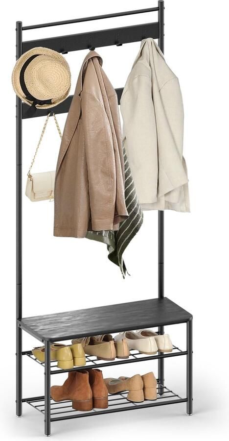 O'DADDY kapstok staand – kapstokken kapstok met schoenenrek – kapstok zwart garderoberek kledingstandaard garderoberek met kapstok garderoberek met schoenenrek 9 haken 2 laags schoenenrek 6 paar garderoberek 70 x 32 x 175 cm