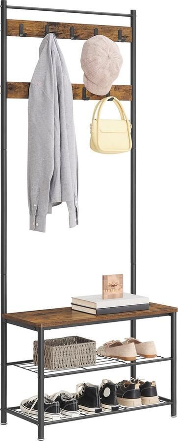 O'DADDY kapstok staand – kapstokken kapstok met schoenenrek – kapstok bruin garderoberek kledingstandaard garderoberek met kapstok garderoberek met schoenenrek 9 haken 2 laags schoenenrek 6 paar garderoberek 70 x 32 x 175 cm - Foto 2