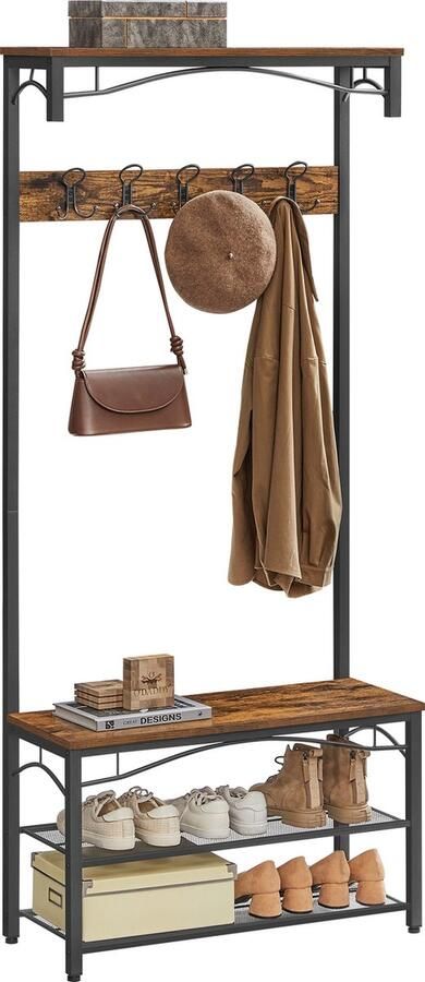 O'DADDY kapstok staand – kapstokken kapstok met schoenenrek – kapstok bruin garderoberek kledingstandaard- garderoberek met kapstok garderoberek met schoenenrek 15 haken 2 laags schoenenrek 6 paar garderoberek 80 x 32 x 178 5 cm