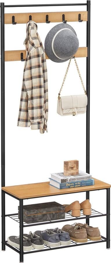 O'DADDY kapstok staand – kapstokken kapstok met schoenenrek – kapstok mango garderoberek kledingstandaard garderoberek met kapstok garderoberek met schoenenrek 9 haken 2 laags schoenenrek 6 paar garderoberek 70 x 32 x 175 cm - Foto 2