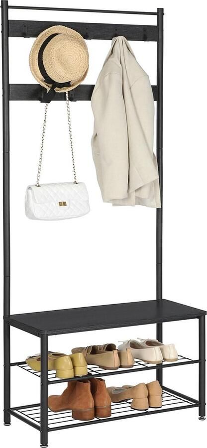 O'DADDY kapstok staand – kapstokken kapstok met schoenenrek – kapstok zwart garderoberek kledingstandaard garderoberek met kapstok garderoberek met schoenenrek 9 haken 2 laags schoenenrek 6 paar garderoberek 70 x 32 x 175 cm - Foto 2