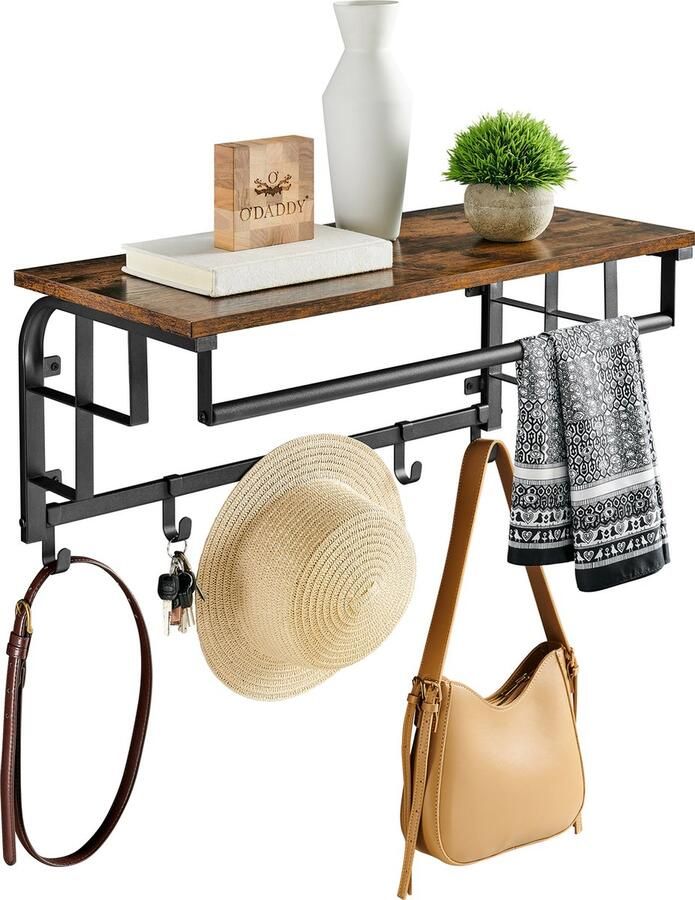 O'DADDY Kapstok Wandkapstok met 5 Haken 66 x 30 x 27 cm Kapstokhaak Kapstok Hangend Kapstok Muur Met Kledingstang Zwart Bruin - Foto 2