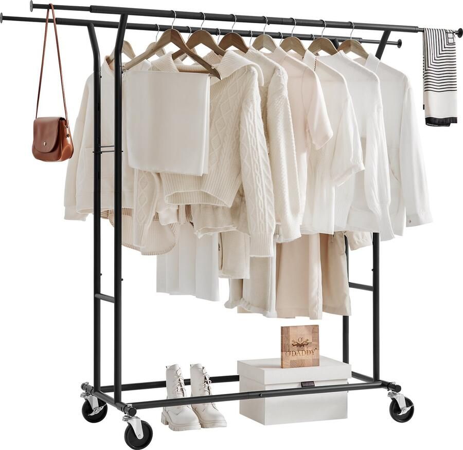 O'DADDY Kledingrek op wieltjes Kledingrek metaal kledingrek zwart kledingrekken kledingrek kledingstang kledingrek dubbel verstelbare kledingstang kledingrekken metaal garderoberek metaal stabiel tot 110kg zwart
