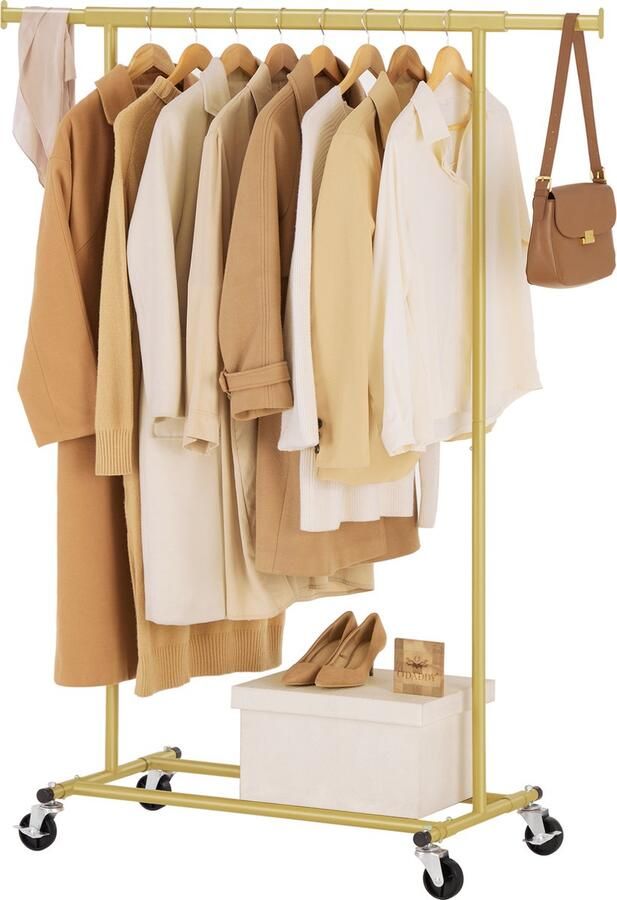 O'DADDY Kledingrek op Wieltjes Garderoberek Verstelbare Kledingstang Uitschuifbare Kledingstang Stabiel tot 90 kg Opbergrek Goud 160 cm
