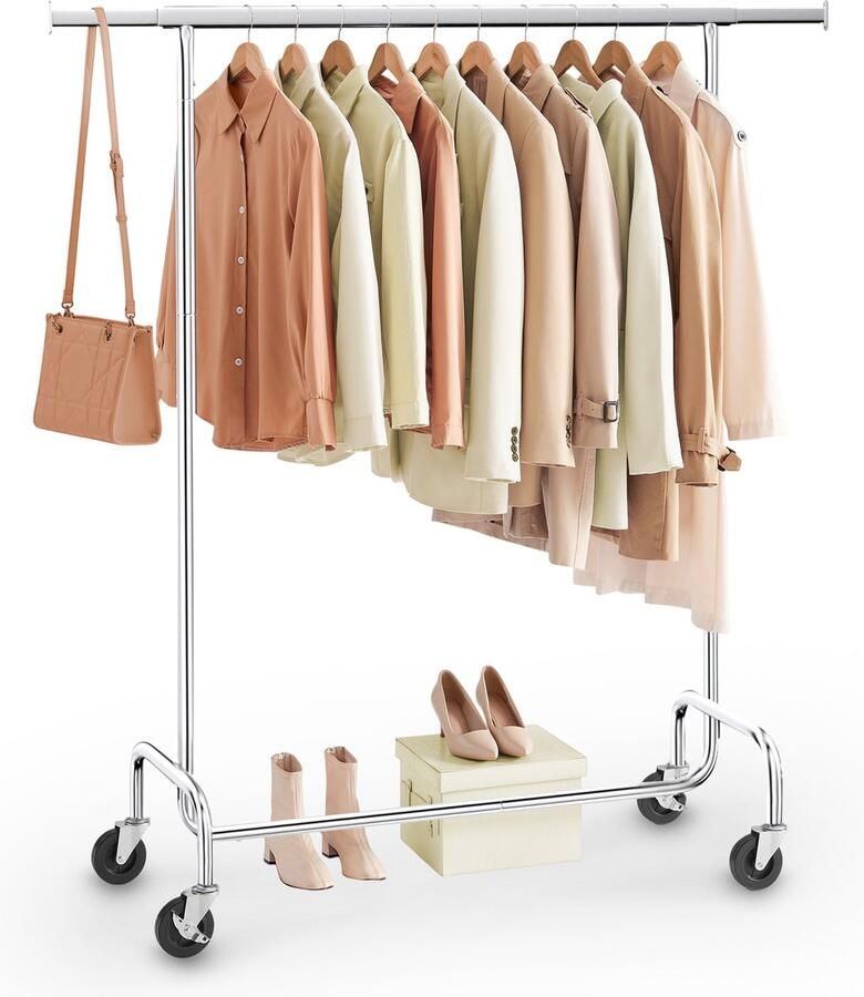 O'DADDY Kledingrek op Wieltjes Kledingrek metaal Kleding rek Kledingrekken Garderoberek Kledingstang Kledingrek zilver Uitschuifbare Kledingstang Verstelbare Hangstang Stabiel tot 130 kg Zilver