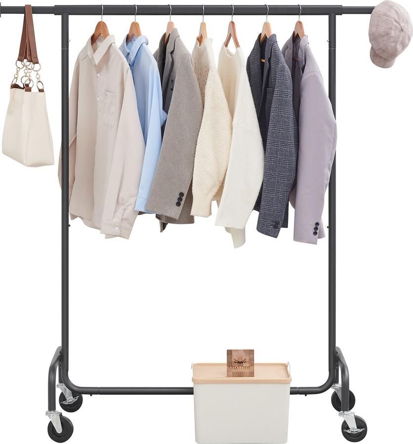 O'DADDY Kledingrek op Wieltjes Kledingrek metaal Kleding rek Kledingrekken Garderoberek Kledingstang Kledingrek Zwart Uitschuifbare Kledingstang Verstelbare Hangstang Stabiel tot 130 kg Zwart