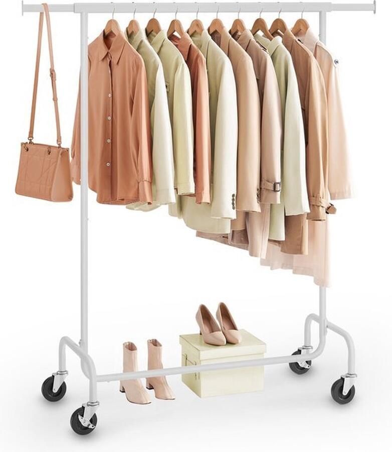 O'DADDY Kledingrek op Wieltjes Kledingrek metaal Kleding rek Kledingrekken Garderoberek Kledingstang Kledingrek wit Uitschuifbare Kledingstang Verstelbare Hangstang Stabiel tot 130 kg Wit
