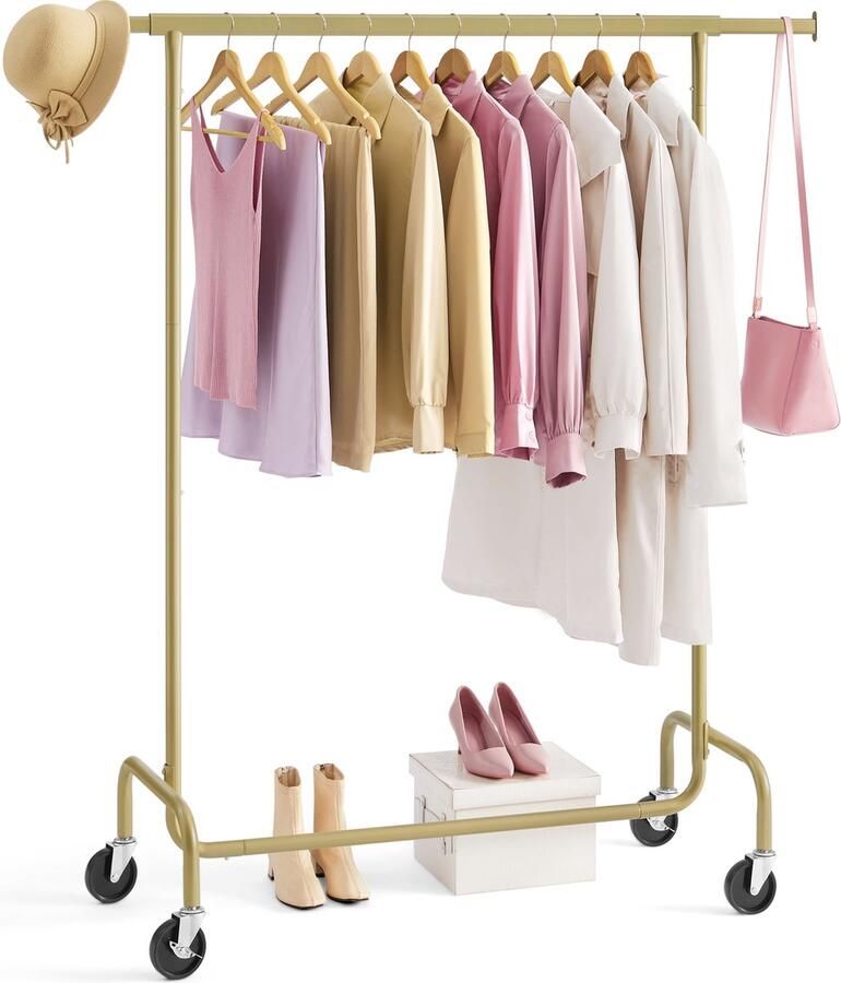 O'DADDY Kledingrek op Wieltjes Kledingrek metaal Kleding rek Kledingrekken Garderoberek Kledingstang Kledingrek goud Uitschuifbare Kledingstang Verstelbare Hangstang Stabiel tot 130 kg Goud