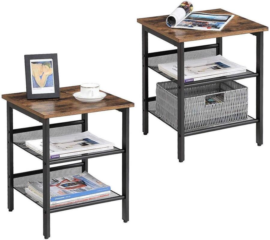 O'DADDY Nachtkastjes Set Van 2 Nachtkastjes Bijzettafel Met Verstelbare Gaasplanken Nachtkastje Industrieel 40 x 40 x 50 cm Modern Bruin