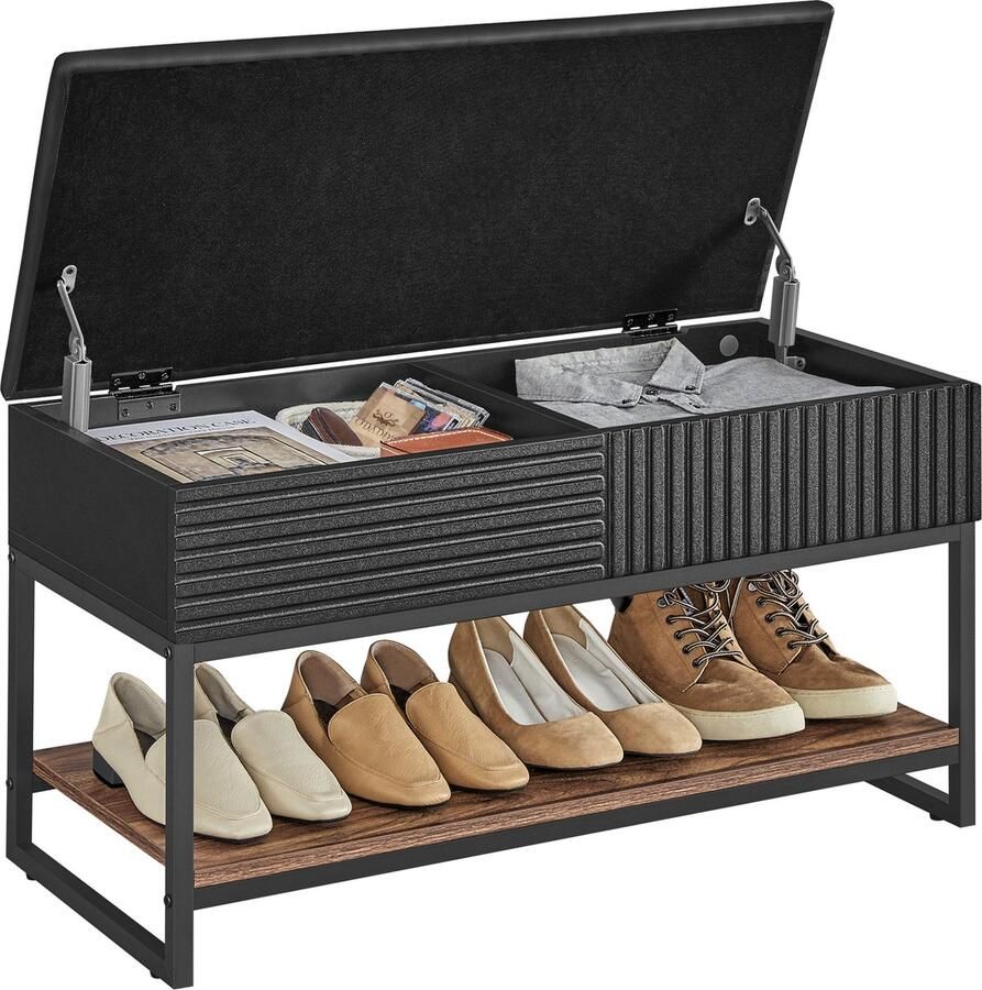 O'DADDY Schoenenbank Halbank Zitbank Met Opbergruimte Bankje Halbankje Met Zitkussen 80 x 35 x 46 cm Zwart Metaal Bruin Hout