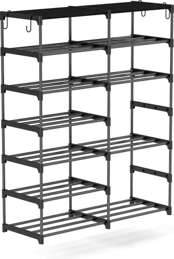 O'DADDY Schoenenrek 7 Laags Dubbel Schoenenkast Schoenrek Schoenen Opbergsysteem Rekje 28 tot 32 Paar Schoenen Zwart Metaal
