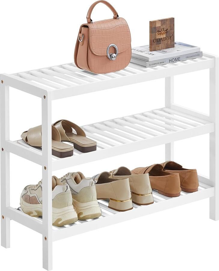 O'DADDY Schoenenrek Schoenenbank Halbank Schoenenkast Schoenen Opbergsysteem Schoenen kast 3 Laags Voor 12 Paar Multifunctioneel Rek Bamboe Wit 70 x 26 x 55 cm