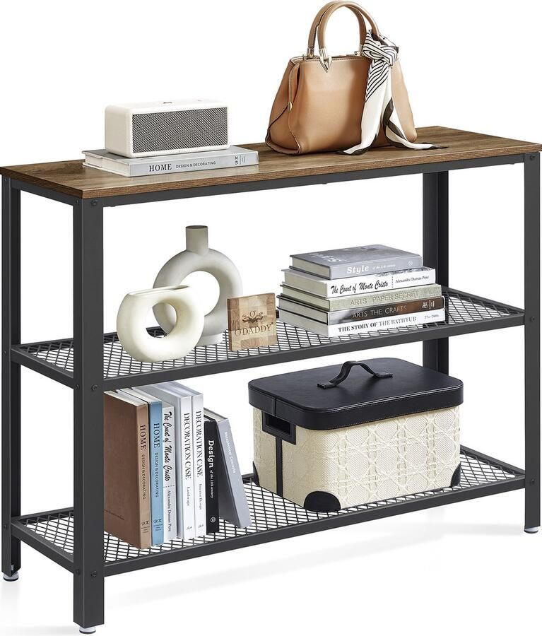 O'DADDY Wandtafel Dressoir Haltafel Bijzettafel Consoletafel Industrieel Design 3 Laags 101 5 x 35 x 80 cm Rustiek Bruin Zwart Metaal - Foto 2