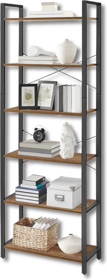 O'DADDY Stellingkast Boekenkast met 6 Planken Opbergrek Boekenrek Industrieel Stellingrek Vakkenkast Kast Industrieel design Opbergkast Metaal 66x30x186 cm Vintage Bruin Zwart