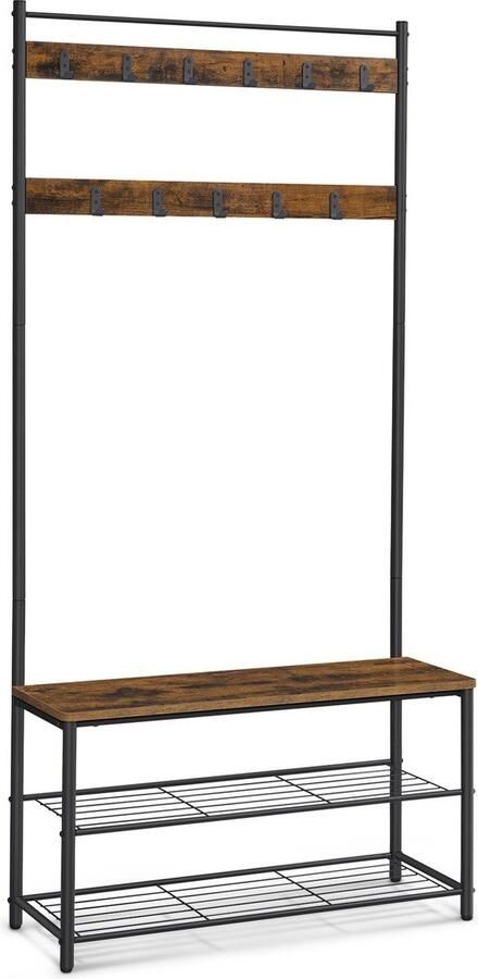 O'DADDY XXL Garderoberek Kapstok Staand Met Kledingstang en Schoenenrek Staande Kapstok met schoenenrek Kledingstandaard Veelzijdige Opbergruimte 32 x 85 x 175 cm Industrieel Bruin Hout en Zwart Metaal