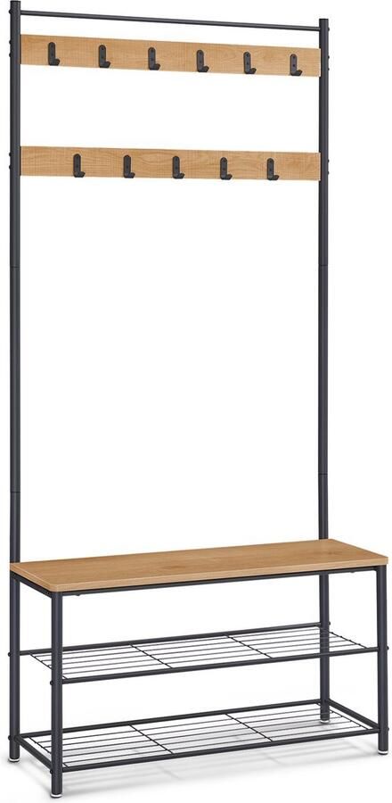 O'DADDY XXL Garderoberek Kapstok Staand Ruime Kledingstang Robuust Schoenenrek Kledingstandaard Staande Kapstok met schoenenrek 175 x 85 x 32 cm breed Mango Hout en Zwart Metaal