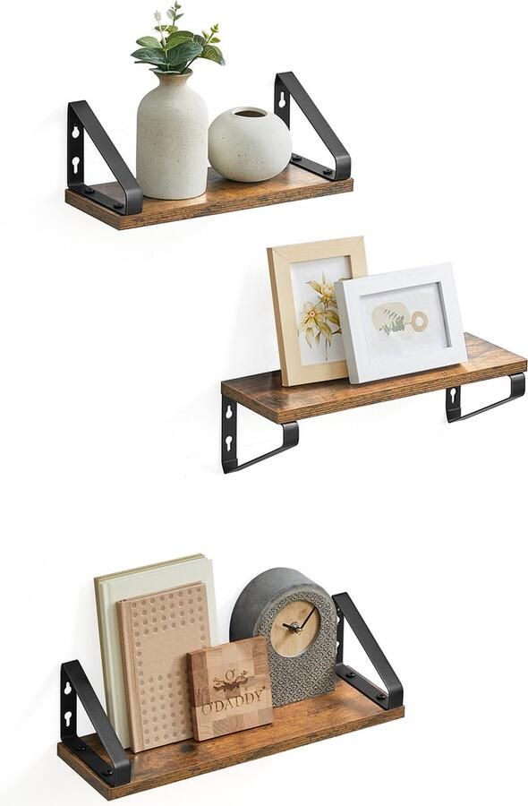 O'DADDY Zwevende Planken Wandplank Vintage Design Wandrek Houten Planken voor Muur Boekenplank Wandplanken & -Rekken 3 Stuks Bruin Hout Zwart Metaal - Foto 2