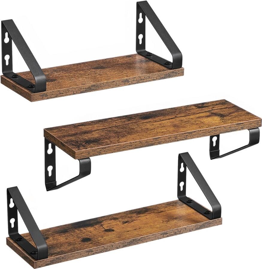 O'DADDY Zwevende Planken Wandplank Vintage Design Wandrek Houten Planken voor Muur Boekenplank Wandplanken & -Rekken 3 Stuks Bruin Hout Zwart Metaal