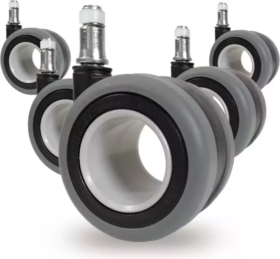 Office World Bureaustoelwielen harde vloer Ø 11 mm pen 22 mm penlengte Ø 65 mm wielen set van 5 reservewielen geremd extreem stil en remverstelling door middel van schroefsysteem