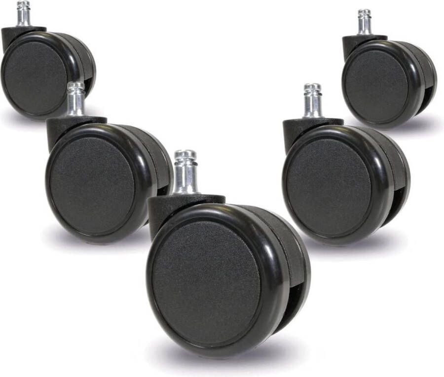 Office World Officeworld Range Zachte vloerwielen Stoelwielen set van 5 11mm x 22mm pennen Zwenkstoelwielen voor tapijtvloeren Ongeremd Hoog draagvermogen Veiligheidsdubbele wielen met draadbescherming