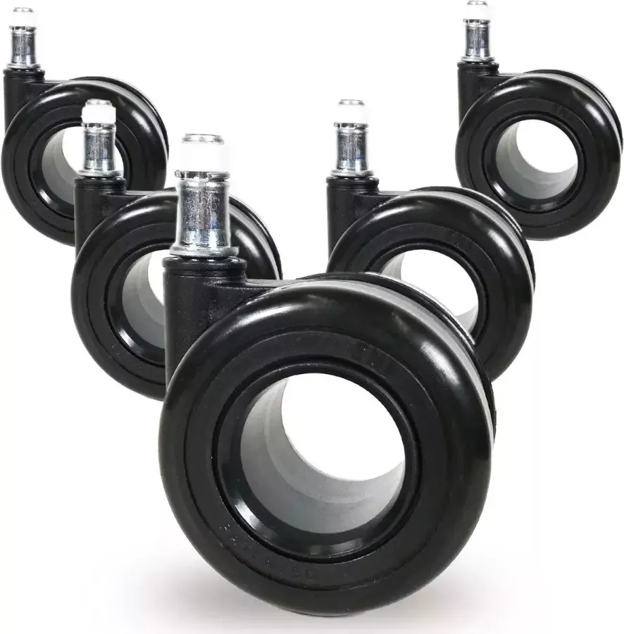 Office World Tapijtwielen 10mm of 11mm ring 'Black Edition' -Bureaustoelwielen set van 5 Ø 65mm Designstoelwielen Uiterst geruisloos rollend TÜV&GS getest Pin diameter:Ø 11x22 mm Pin