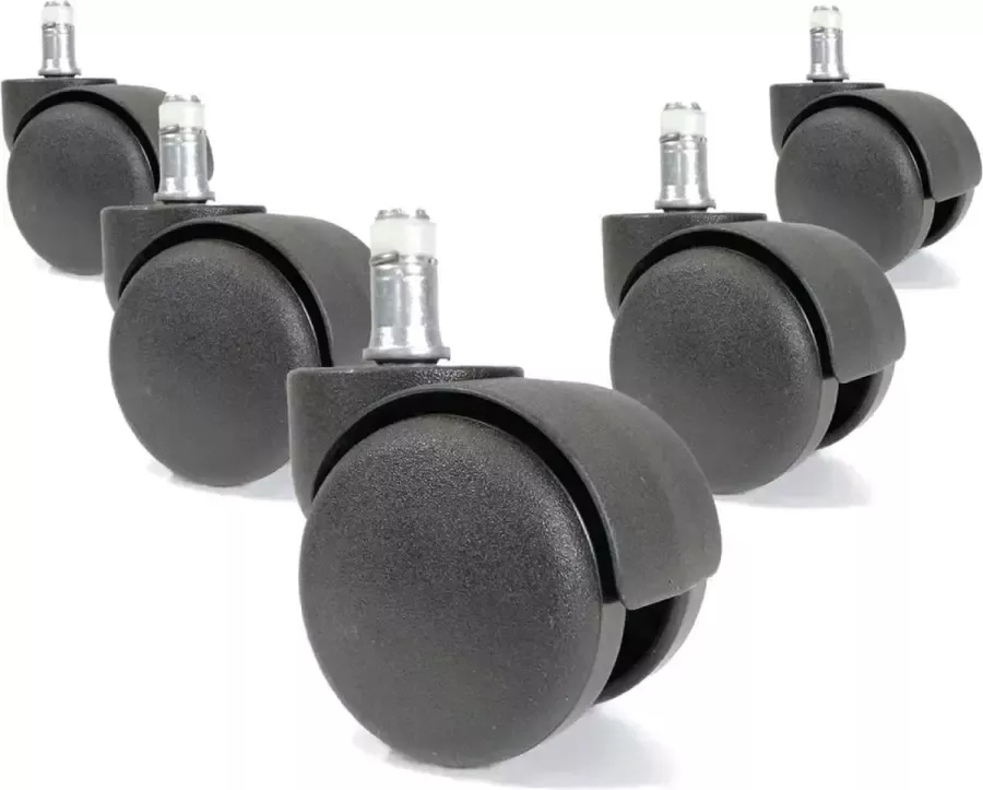 Office World Tapijtwielen Stoelwielen Ø 10x32 mm Pin Bureaustoelwielen Set van 5 Ø 50mm Ongeremd Zachte vloerwielen Zwart Vervangingswielen