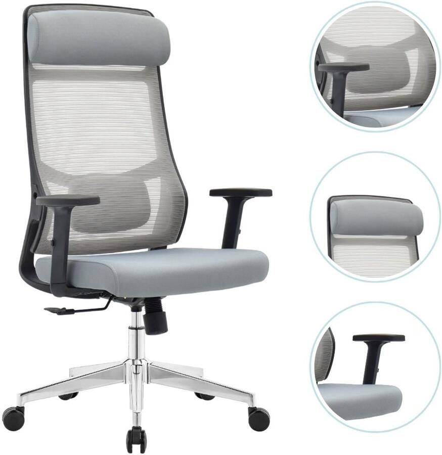 OfficeSense OS110 Ergonomische Bureaustoel – Mesh Office Chair – NEN1335-gecertificeerd – Volwassenen – Hoofdsteun – Rugsteun – Grijs