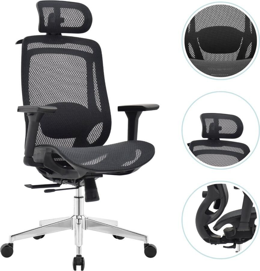 OfficeSense OS150 Ergonomische Bureaustoel – Mesh Office Chair – 4D Armleuningen – Verstelbare Zitdiepte – NEN1335 – Hoofdsteun – Zwart