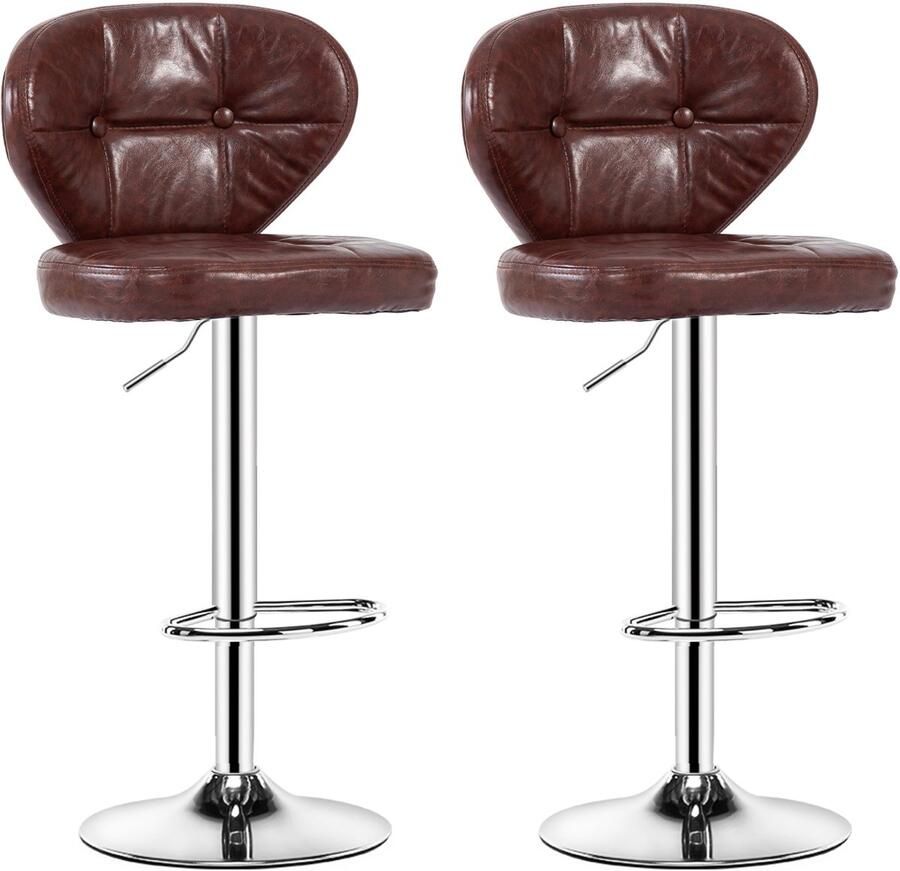 OFMOTRA Barkruk Set Van 2 Barstoel 2 Stuks met rugleuning en Voetsteun 360° Draaibaar -20cm in hoogte verstelbaar Keukenstoel Industrieel Bruin