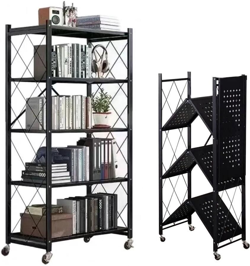 OFMOTRA Inklapbare stellingkast Keuken Opslag Keukenrek Met 360° wielen 5 plank kast Keuken Organizer Maximaal draagvermogen per laag 20KG 163（H）x72x37cm Zwart