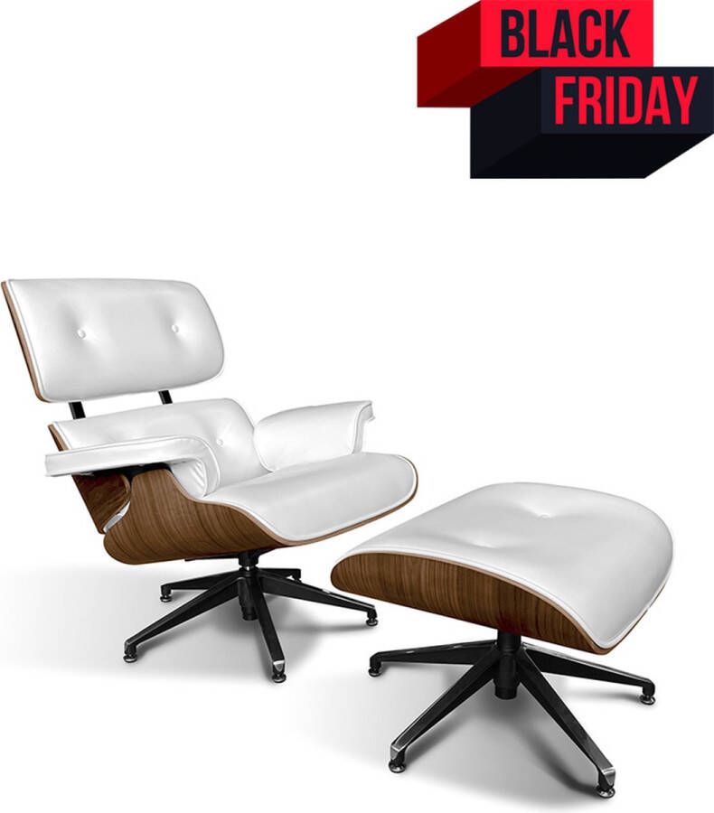 Ohno Furniture San Fransisco Lounge Stoel met Voetenbank Armleunstoel Imitatieleer Hout Wit Bruin