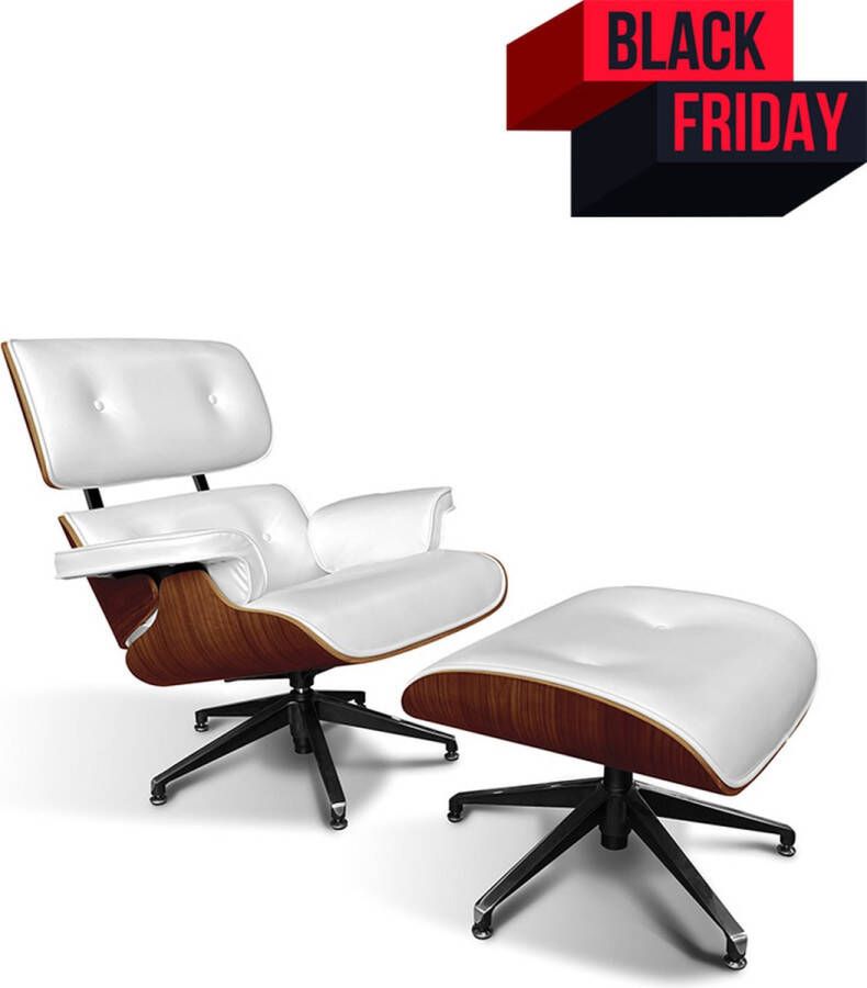 Ohno Furniture San Fransisco Lounge Stoel met Voetenbank Armleunstoel Imitatieleer Hout Wit Rose