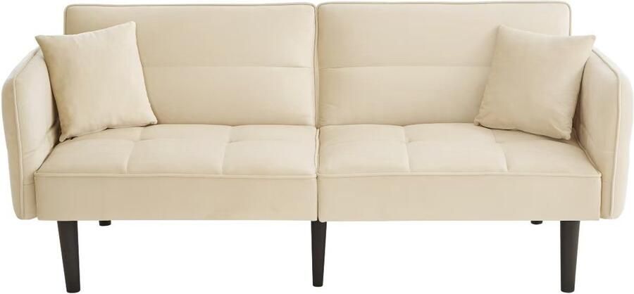 Ojiuboo -2-in-1 Verstelbare Slaapbank Tweezits Fluwelen Bekleding Opklapbare Armleuningen Drie Verstelbare Rugleuningen Zes Massief Houten Poten Met Kussens Beige 176x78x76cm