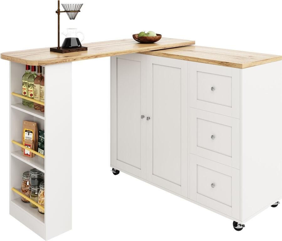 Ojiuboo 360° draaibare bartafel (138-209 x 39 x 106 cm) Wit Met wielen Drie lades Met snackrek Multifunctioneel opbergeiland Geschikt voor keuken en woonkamer