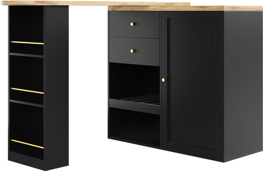 Ojiuboo -360° draaibare bartafel (afmeting hoofdgedeelte: 105 x 39 x 102 cm) met twee lades en een schuifdeurkast drielaagse open opbergruimte geschikt voor eetkamer thuiskantoor woonkamer enz