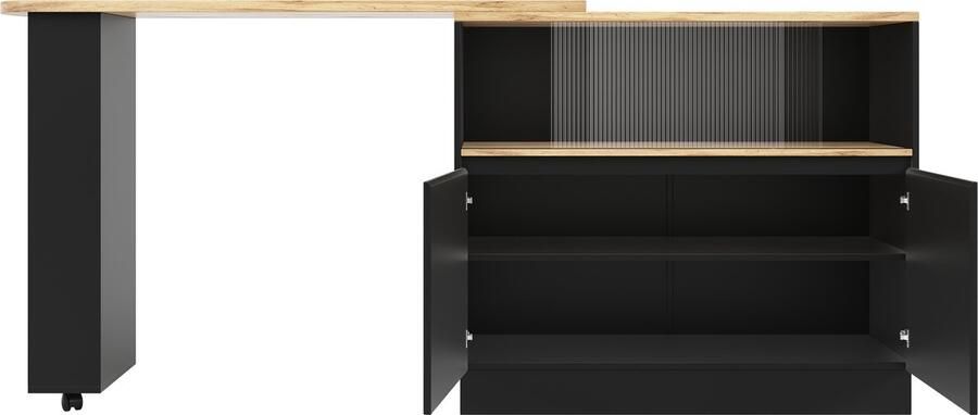 Ojiuboo 360° draaibare eetbar (afmeting hoofdgedeelte: 90 x 45 x 100 cm) Zwart Modern en eenvoudig Multifunctioneel Draaibaar dressoir met planken en glas Geschikt voor keuken en eetkamer