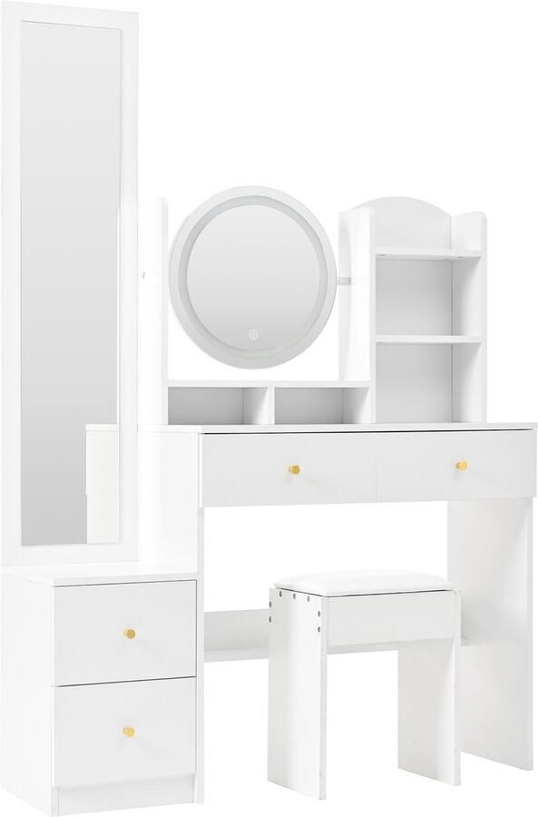 Ojiuboo 4-in-1 witte make-uptafel met schoenenkast grote spiegel + 360° draaibare tafelspiegel + zachte kruk + driekleurige ledverlichting breedte 109 x diepte 36 x hoogte 164 cm