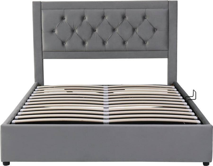 Ojiuboo -Bed met opbergruimte Fluweel 140x200cm Gestoffeerd bed Chesterfield-stijl met uitneembare lades Grijs Matras niet inbegrepen