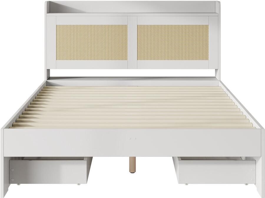 Ojiuboo -Bed met opbergruimte Tweepersoonsbed Functioneel bed met massief rotan met lades met opbergruimte Wit 140x200 cm Matras niet inbegrepen Geschikt voor volwassenen en tieners