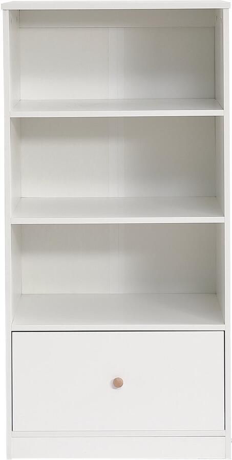 Ojiuboo Boekenkast met drie lagen en één lade Stille schuiflade Witte moderne eenvoudige stijl Geschikt voor slaapkamer woonkamer Hoogwaardig MDF-materiaal