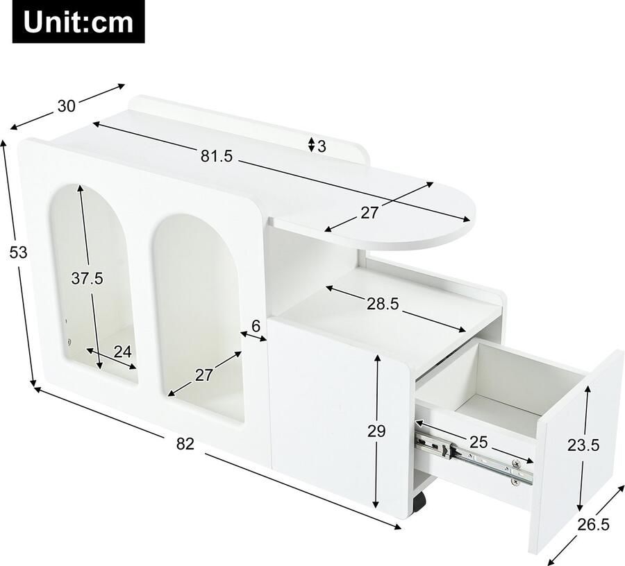 Ojiuboo -Crèmekleurige Dressoir Draagbaar met Wielen Dubbellaagse Opbergruimte Gebogen Hoekontwerp Wit 82x30x53cm