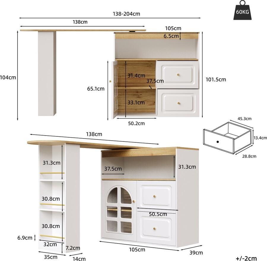 Ojiuboo -Draaibaar Dressoir 360° Uitschuifbare Eettafel Dubbele Laden + Snackrek Gebogen Glazen Deur Verstelbare Tussenschotten Wit 138-204x39x104cm