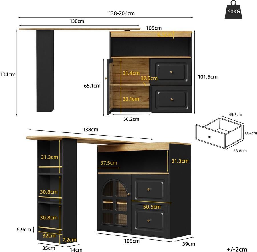 Ojiuboo -Draaibaar Dressoir 360° Uitschuifbare Eettafel Dubbele Laden + Snackrek Gebogen Glazen Deur Verstelbare Verdelers Zwart 138-204x39x104cm