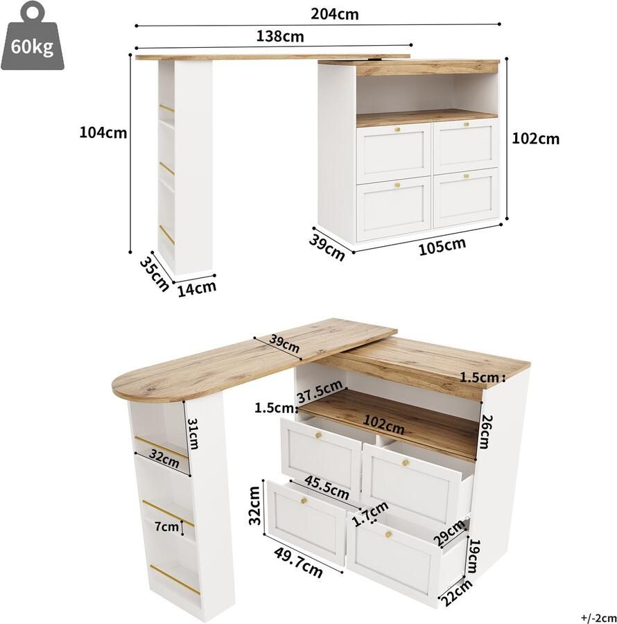 Ojiuboo -Draaibaar Sta-bureau Modulair L-vormig Dressoir 360° Draaibaar Zijframe Vier Laden + Open Plank Verguld Handgreepdecor Wit 105x39x102cm